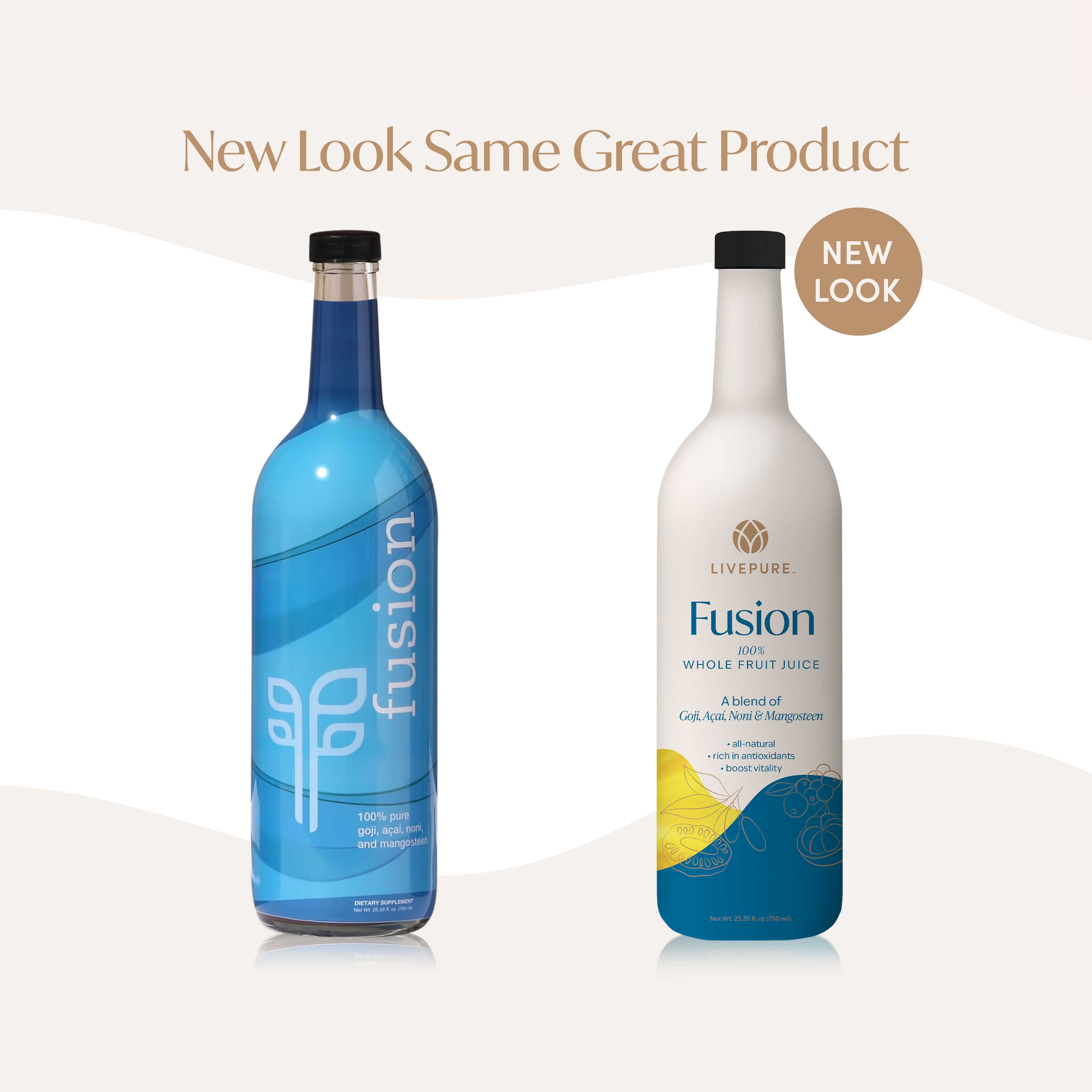 Bottle of Fusion juice supplement featuring four antioxidant-rich superfruits: goji, acai, noni, and mangosteen. LivePURE supplements.