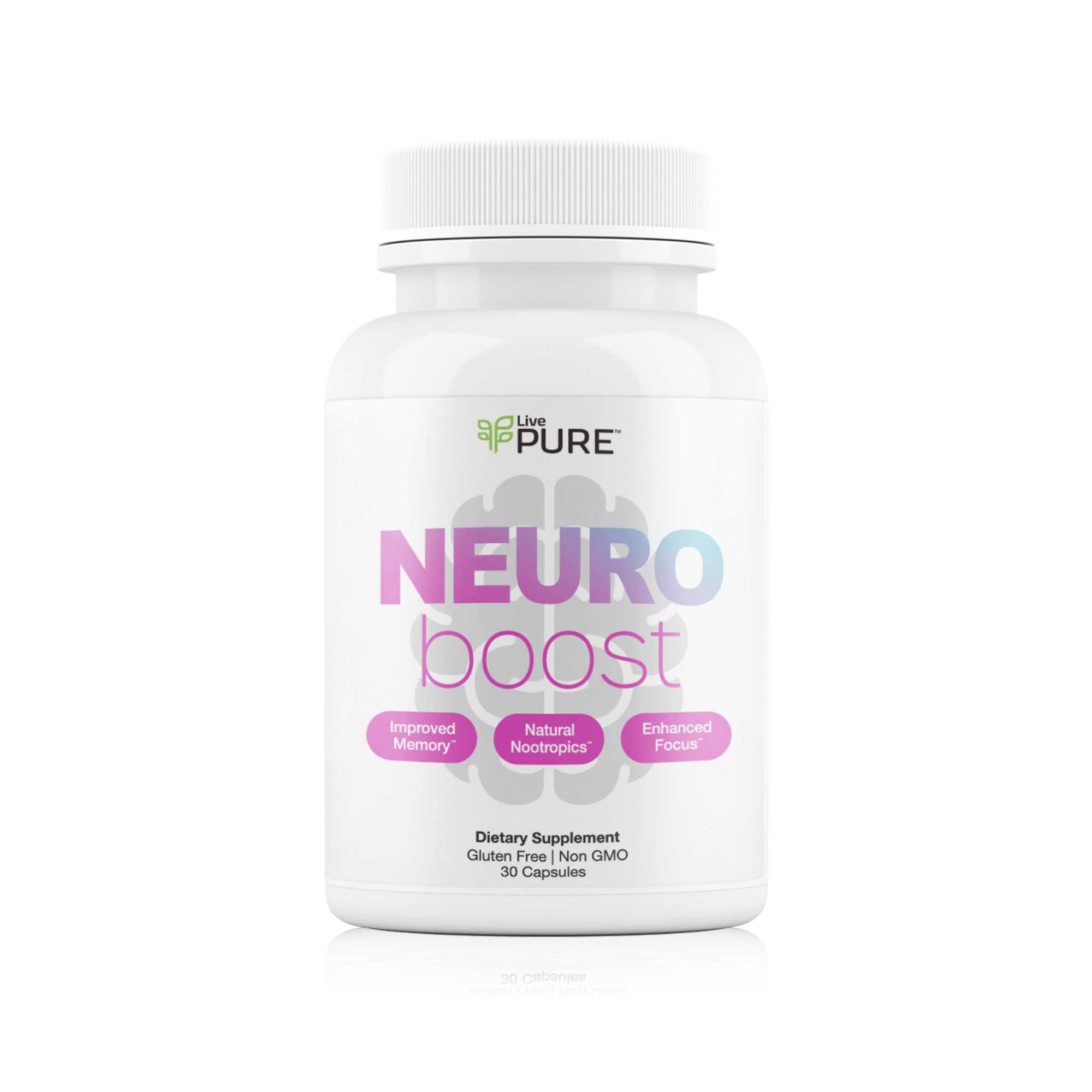 Bottle of Neuro Boost nootropic supplement with natural ingredients. LivePURE Supplements.