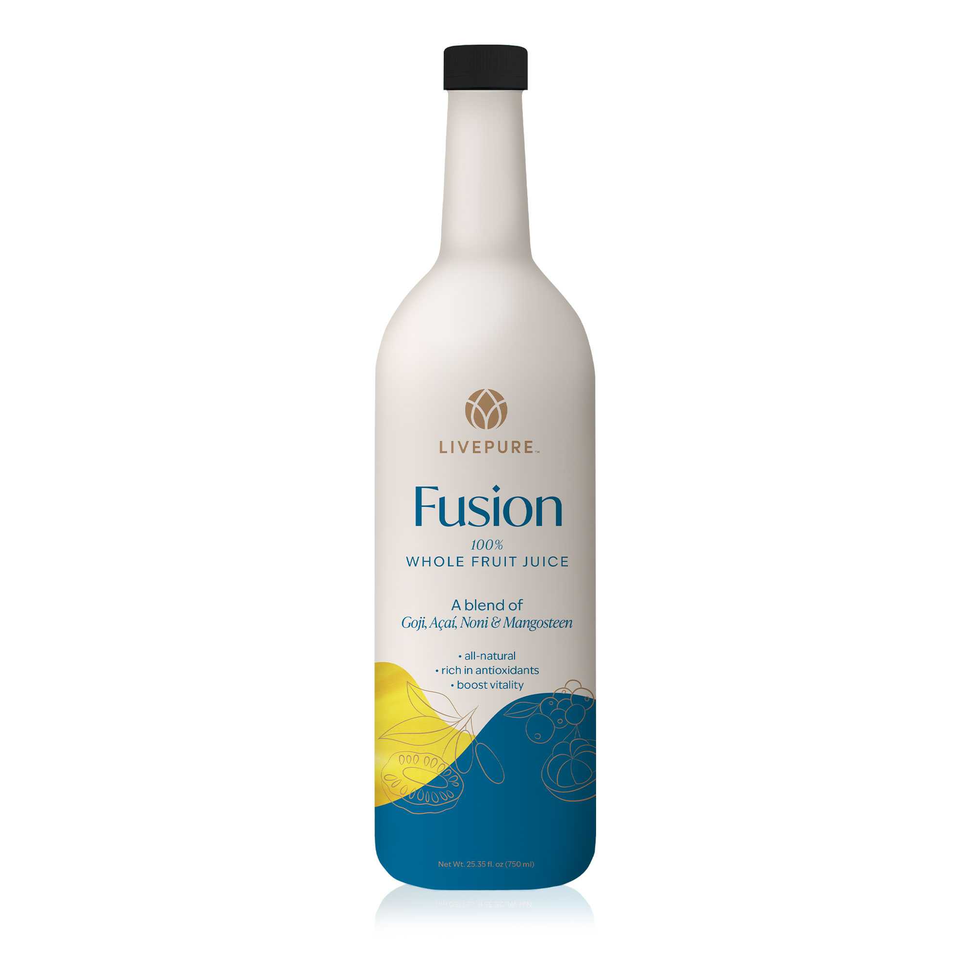 Bottle of Fusion juice supplement featuring four antioxidant-rich superfruits: goji, acai, noni, and mangosteen. LivePURE supplements.