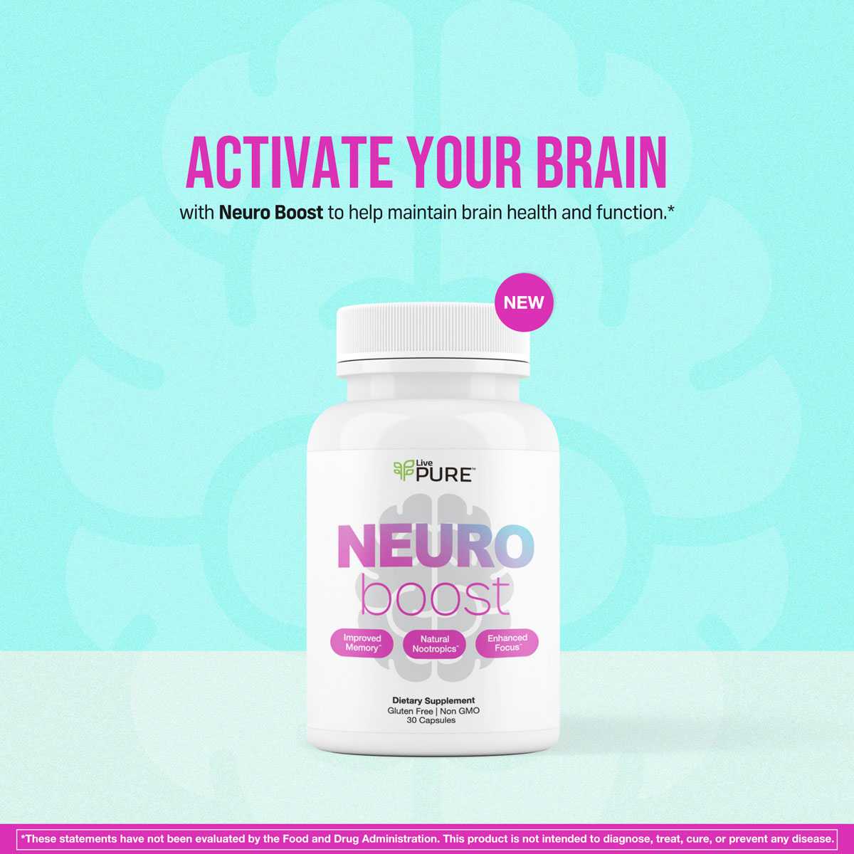 Bottle of Neuro Boost nootropic supplement with natural ingredients. LivePURE Supplements.