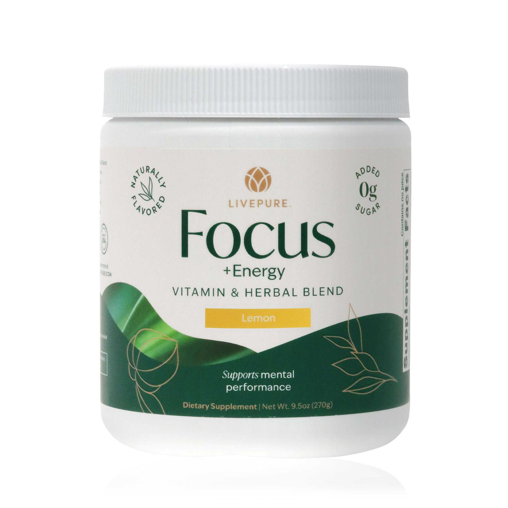 livepure focus + energy, lemon flavor, vitamin and herbal drink blend. naturally flavored. zero added sugars, natural sources of caffeine. supports mental performance